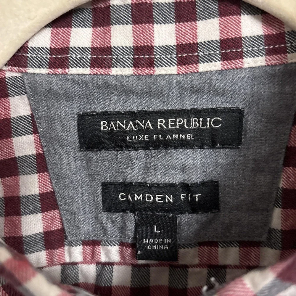 Banana Republic Shirt L Camden‎ Fit Red Gray Gingham Plaid Luxe Flannel Button